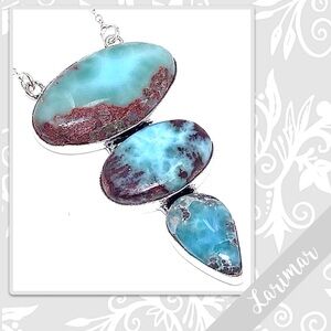 Larimar Large Multi-Stone Silver Eclectic Artisan Necklace, 19” Aqua Blue-Green